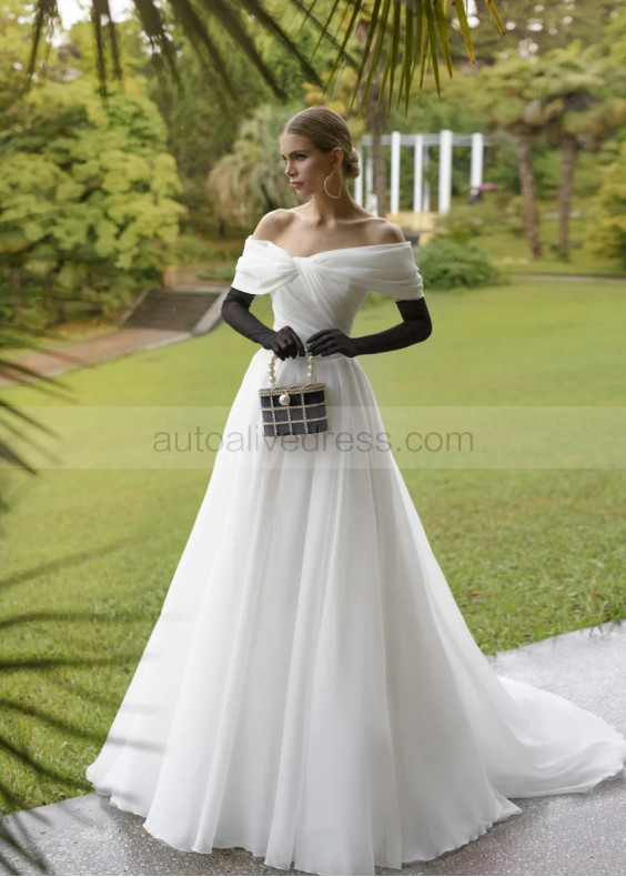 Off Shoulder Ivory Organza Twist Elegant Wedding Dress